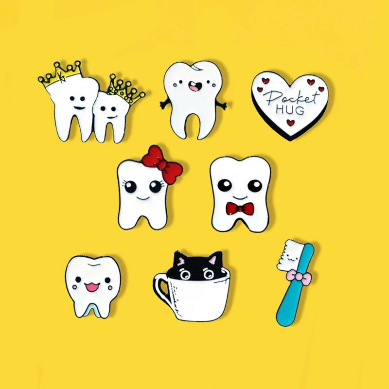 Broche esmaltado con dientes bonitos, horquilla con lazo, corona de dientes, cepillo de dientes, insignia de Metal de dibujos animados, Pin de solapa para ropa Punk, accesorios de joyería, regalo