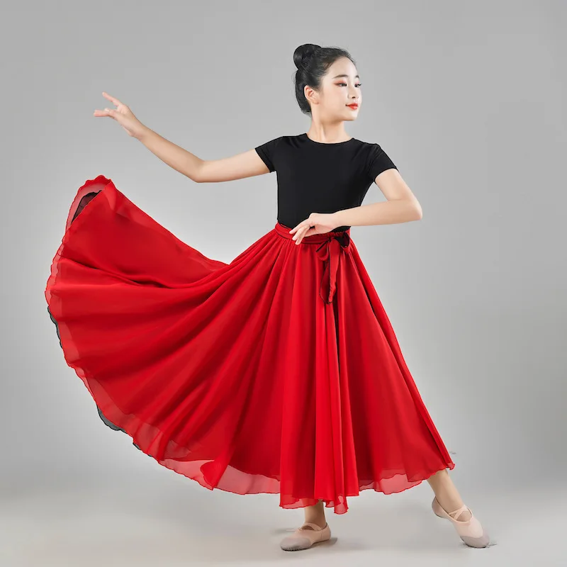 Jupe de danse flamenco en mousseline de soie pour filles, jupe longue taille haute pour enfants, vêtements d'entraînement de séparés euse, jupe de style chinois, robe de document solide, Louvain, 540