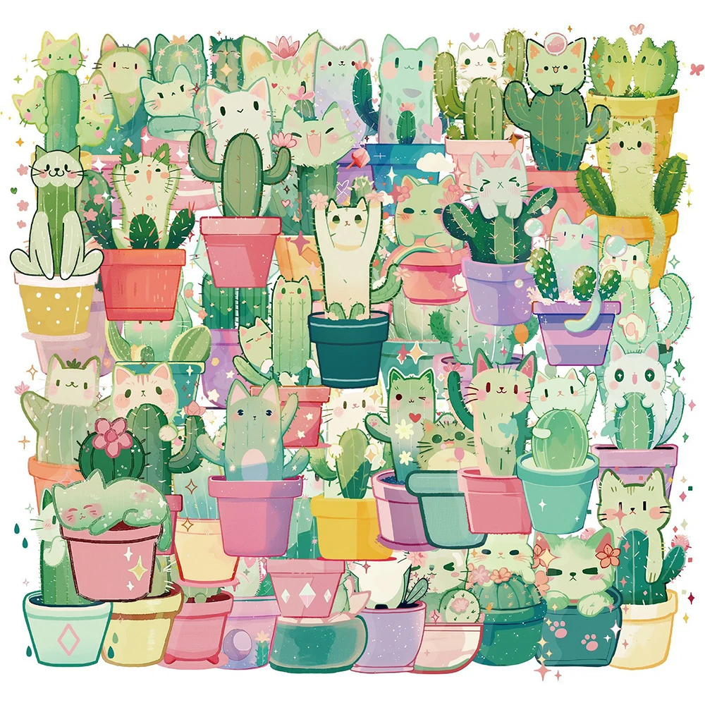 

10/30/50pcs Transparent Cute Creative Cat Cactus Stickers Kawaii Cartoon Decals Luggage Water Bottle Phone Graffiti Sticker Pack
