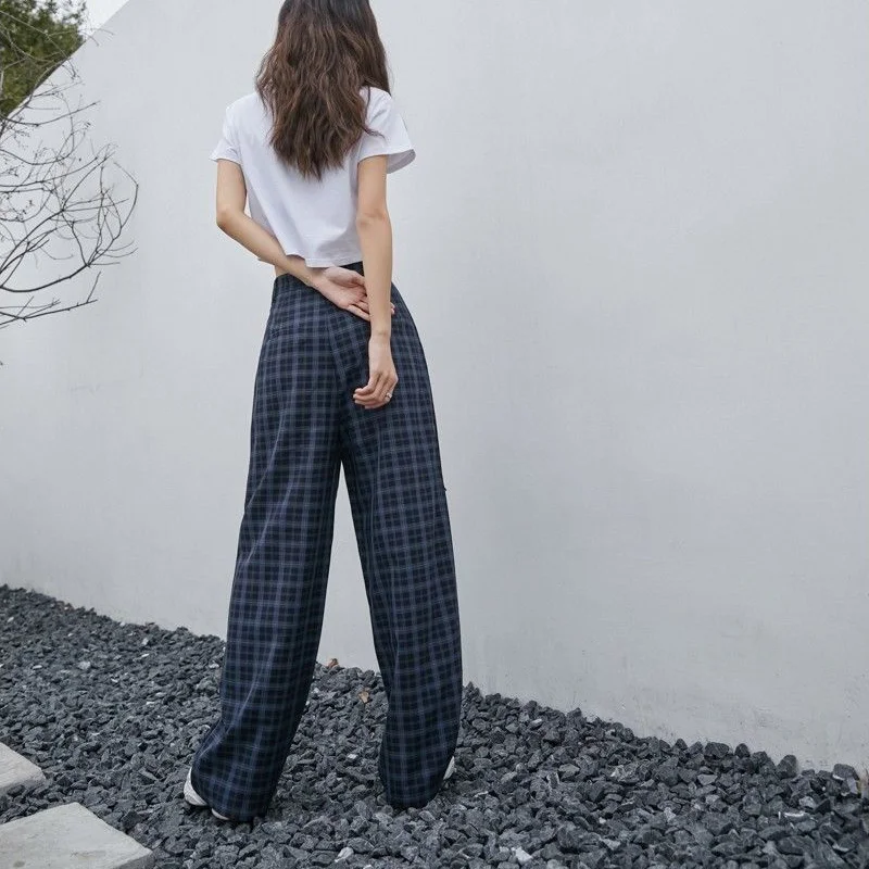 Women Plaid Pants Casual Loose Ripped Hole Wide Leg Trousers Retro Teens Harajuku Hip-hop All-match Streetwear Baggy Pants