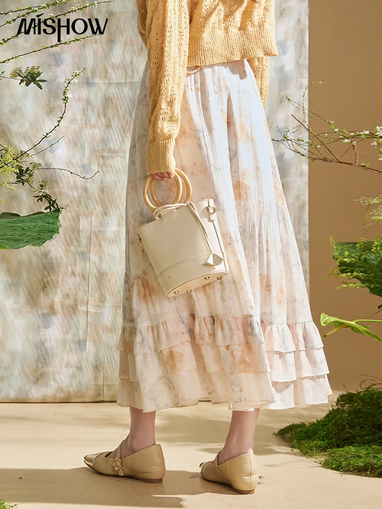 MISHOW falda Floral con pintura de lavado de tinta para mujer Primavera Verano 2024 faldas elegantes de cintura elástica con dobladillo con volantes