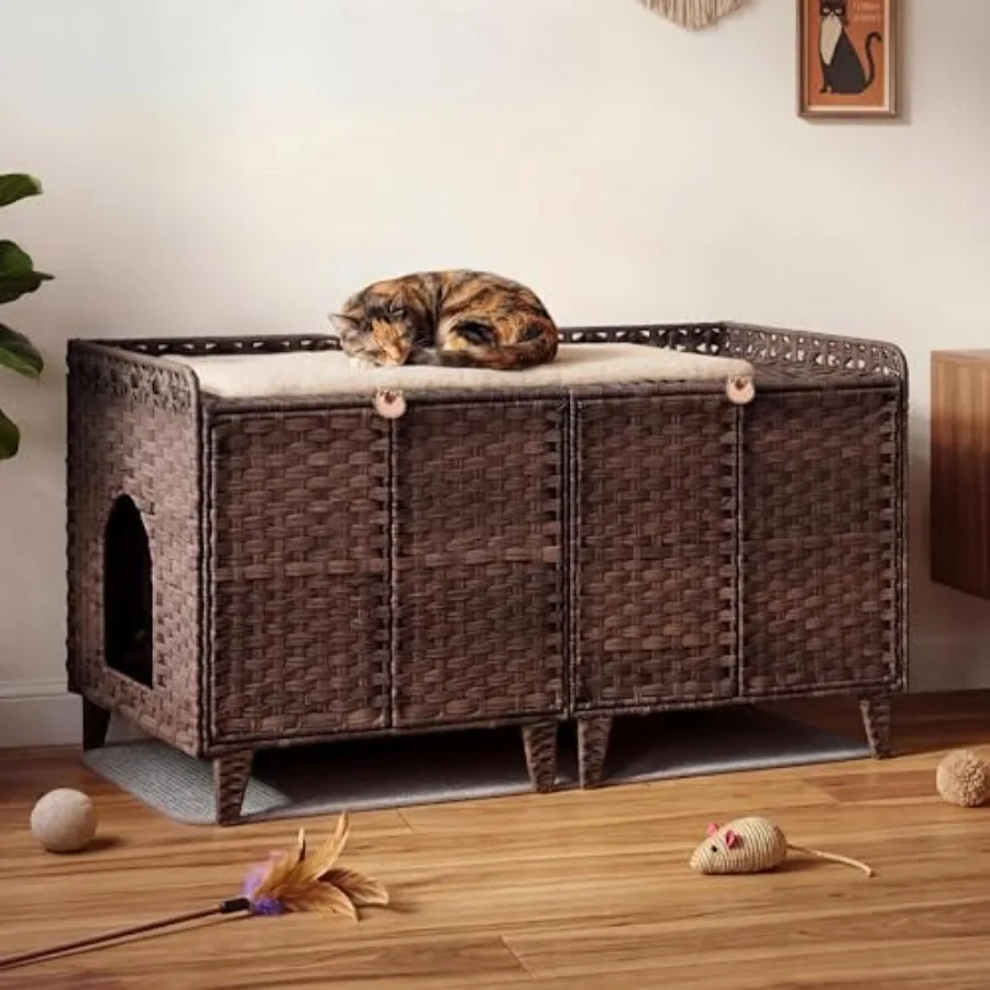 Double Litter Box Enclosure for 2 Cats Rattan Hidden Cat Furniture with Litter Mat 2 Hooks Doors Large Cat House for 2 Litter B