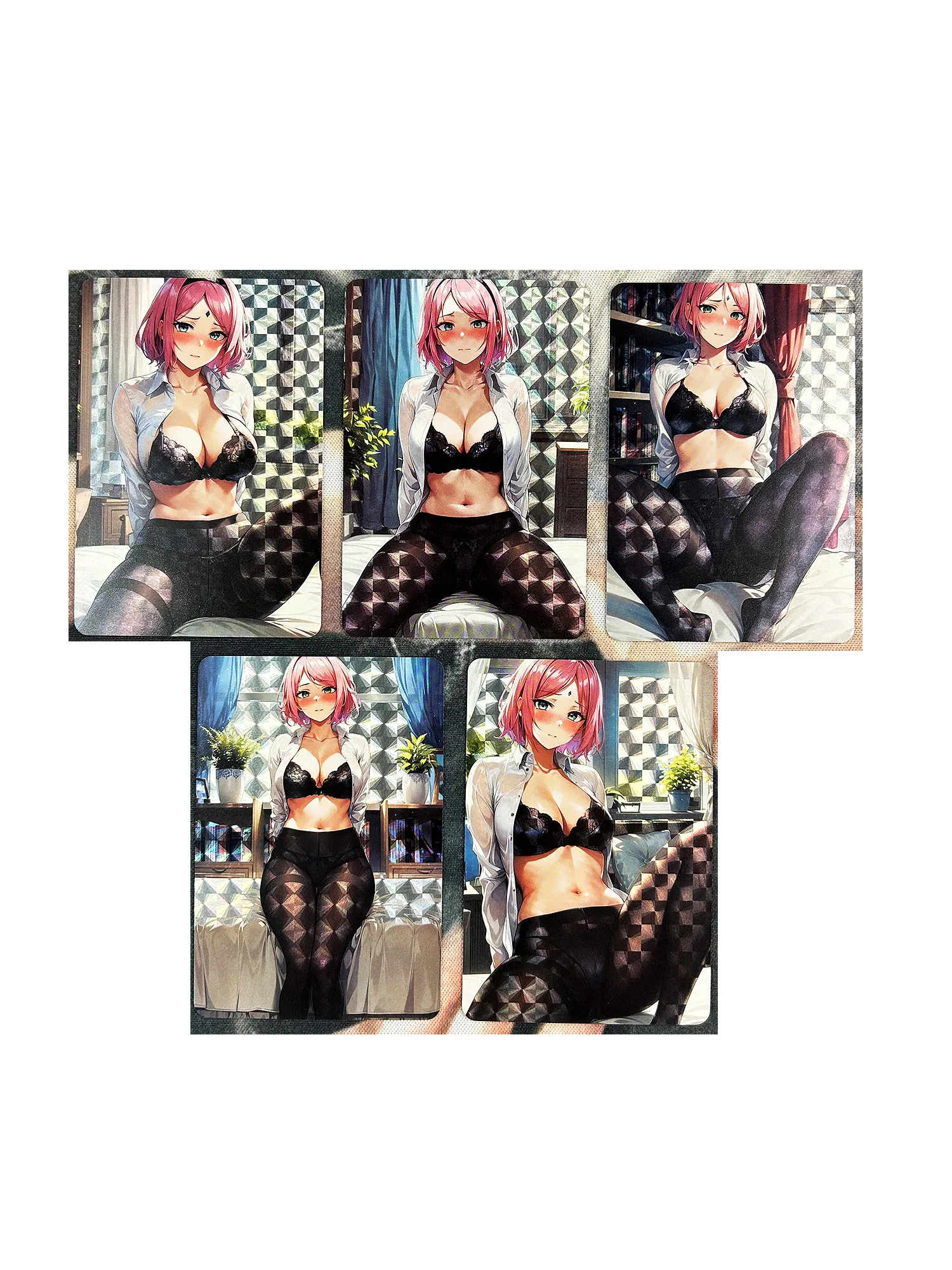 Anime Cartões de Coleção para Meninas, ACG Beleza, Haruno Sakura, Black Silk, Refração, Sexy Meninas Boutique Suit, Hobby Collectibles Jogo, 5 pçs/set