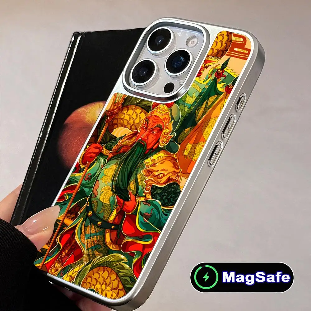 

God War Guanyu Mobile Phone Case for iPhone 17 16 15 14 13 12 11 Air Pro Max Plus Magsafe Silver Plating Colorful Cover Luxury