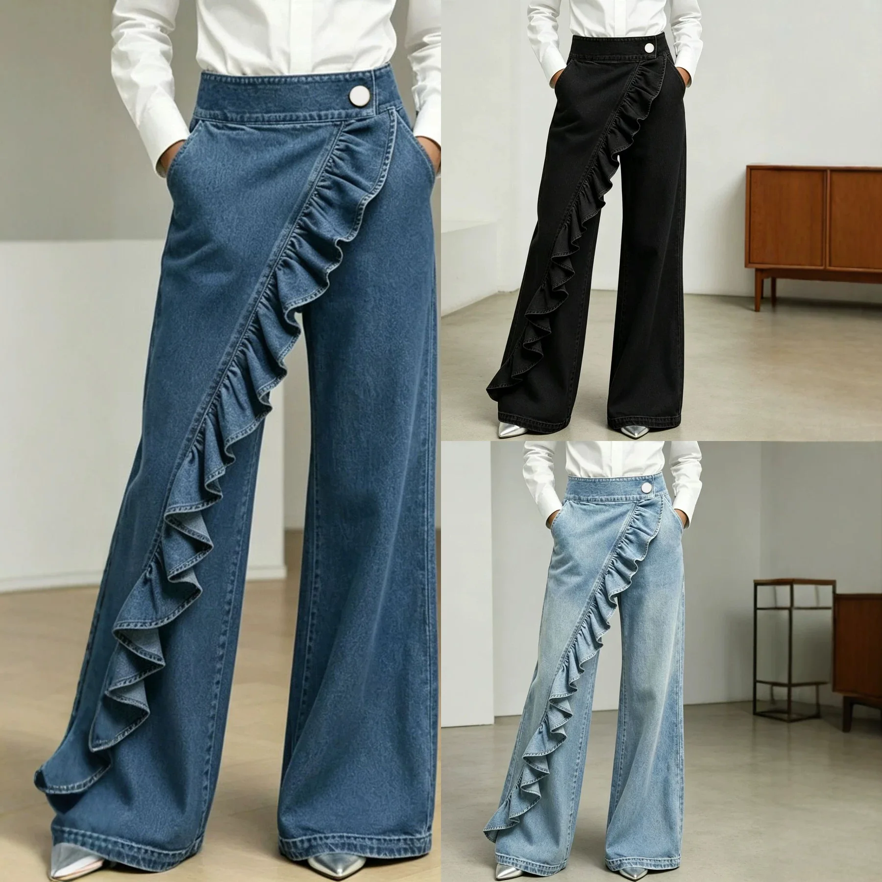Pant Women Jeans Ruffles Button Vintage Wide Leg Pants Mid Waist Splice Work Straight Trousers Y2k Streetwear Elegant Summer