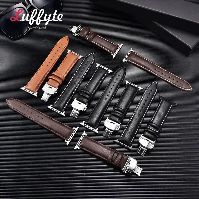 Leather Watch Band for Apple Watch Ultra 9 8 7 6 5 4 3 with Butterfly Clasp for Iwatch 38mm 40mm 41mm 42mm 44mm 45mm 49mm Straps