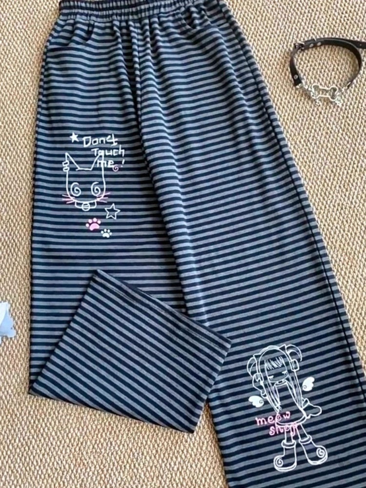 HOUZHOU Y2k Kawaii Gray Striped Graphic Women Pants Pink Cute Wide Leg Japanese Style Straight Trousers Baggy Casual All-match