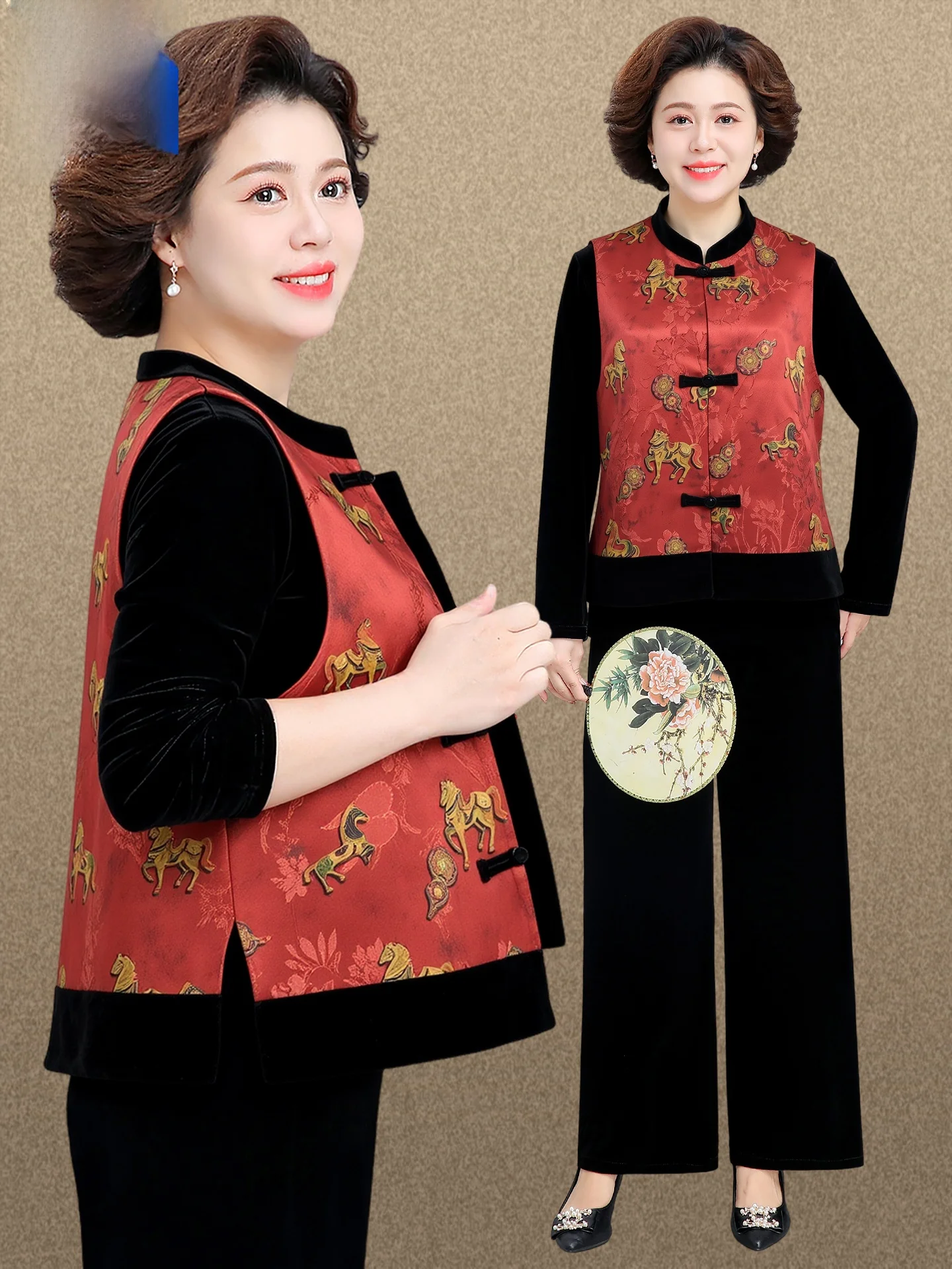 

Новый китайский комплект из трех предметов: золотистый бархатный жилет с круглым вырезом для женщин среднего и старшего возраста, весенняя мода