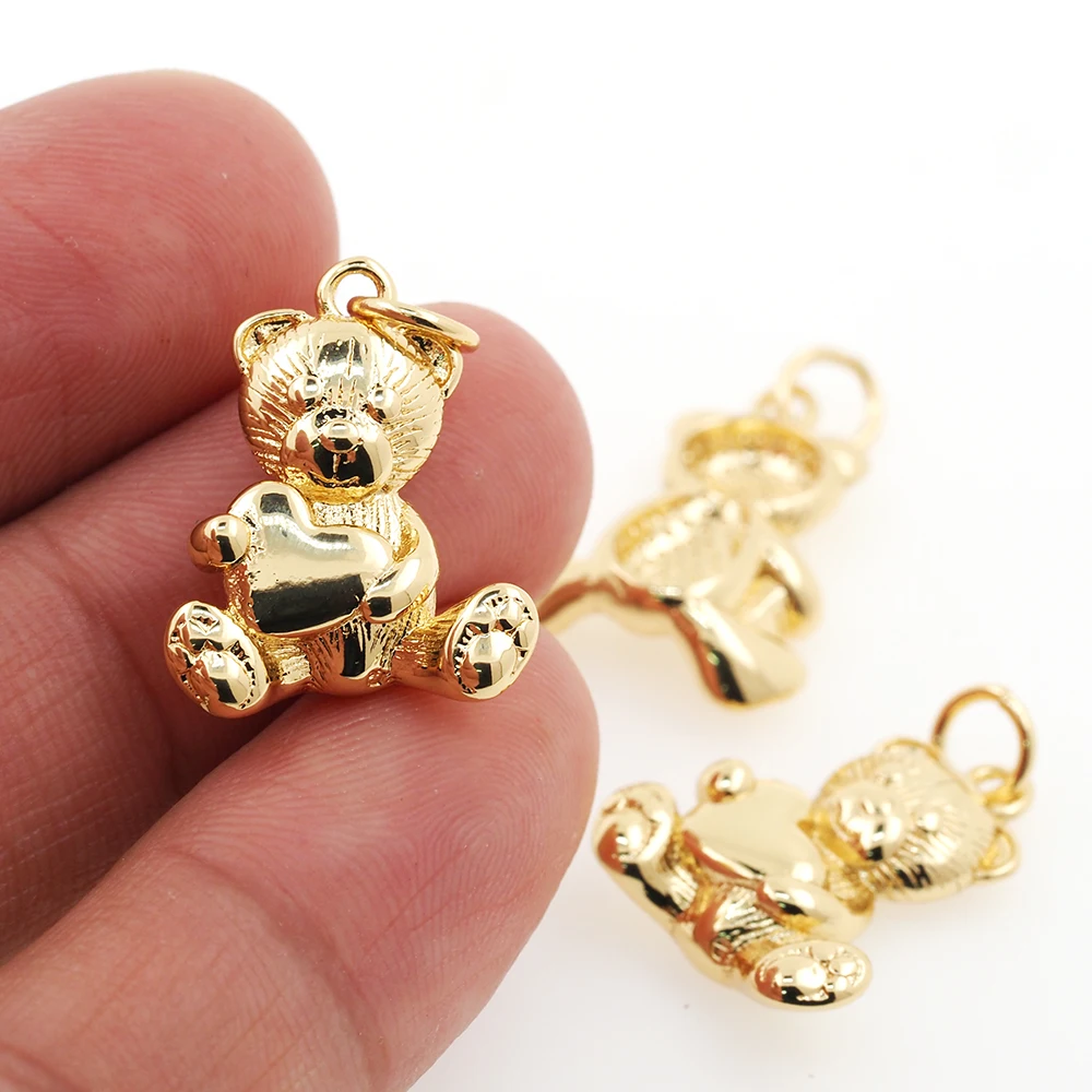 New Trendy Love Heart Bear Pendant Gold Plated Copper Hip Hop Teddy Bear Necklace Key Chain Accessories For DIY Jewelry Making