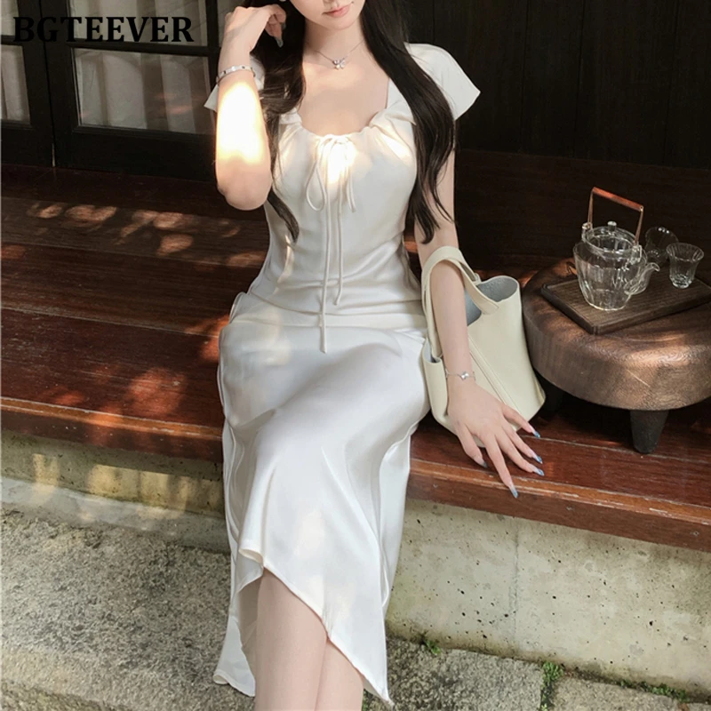 BGTEEVER エレガントなレースアップ半袖女性固体マーメイドドレス春夏ヴィンテージスリム女性パッケージヒップサテンドレス