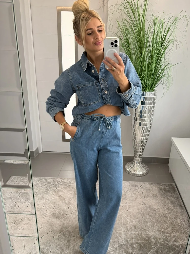 

HH Women Solid Fashion Pants Suit Single-Breasted Lapel Long Sleeve Denim Coat+Drawstring Pockets Straight Long Pant