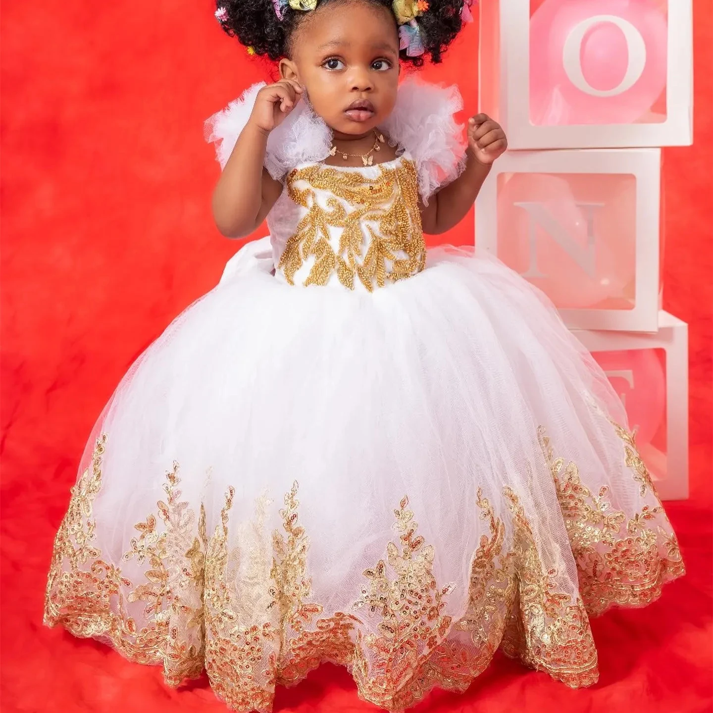 White Princess Flower Girl Dresses For Wedding Gold Appliqued Bow Back Toddler Pageant Gowns Ball Gown Kids Birthday Dress