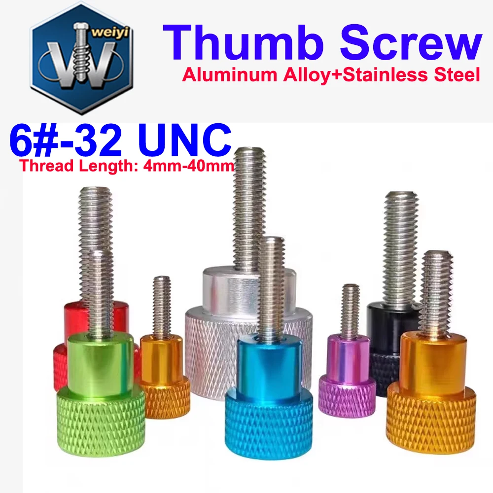 

Weiyi Aluminum Thumb Screws 6#-32 UNC Thread Colorful Knurled Head SUS304 Stainless Steel Hand Tighten Bolts for Camera Tripod