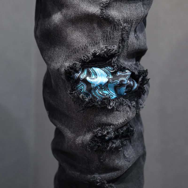 

Y2KFashionable new men's jeans washed nostalgic stretch slim fit perforated patch black jeans designer pants Y2K