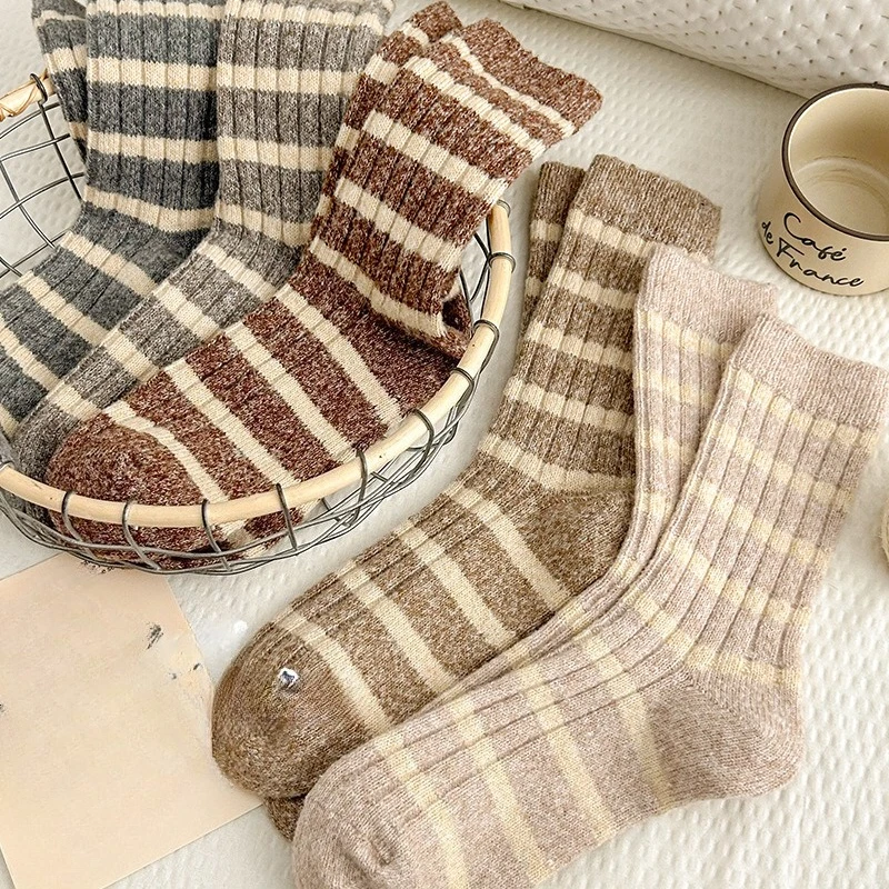 

5 pairs of striped wool socks for women in autumn winter thickened warm non slip casual comfortable cashmere socks
