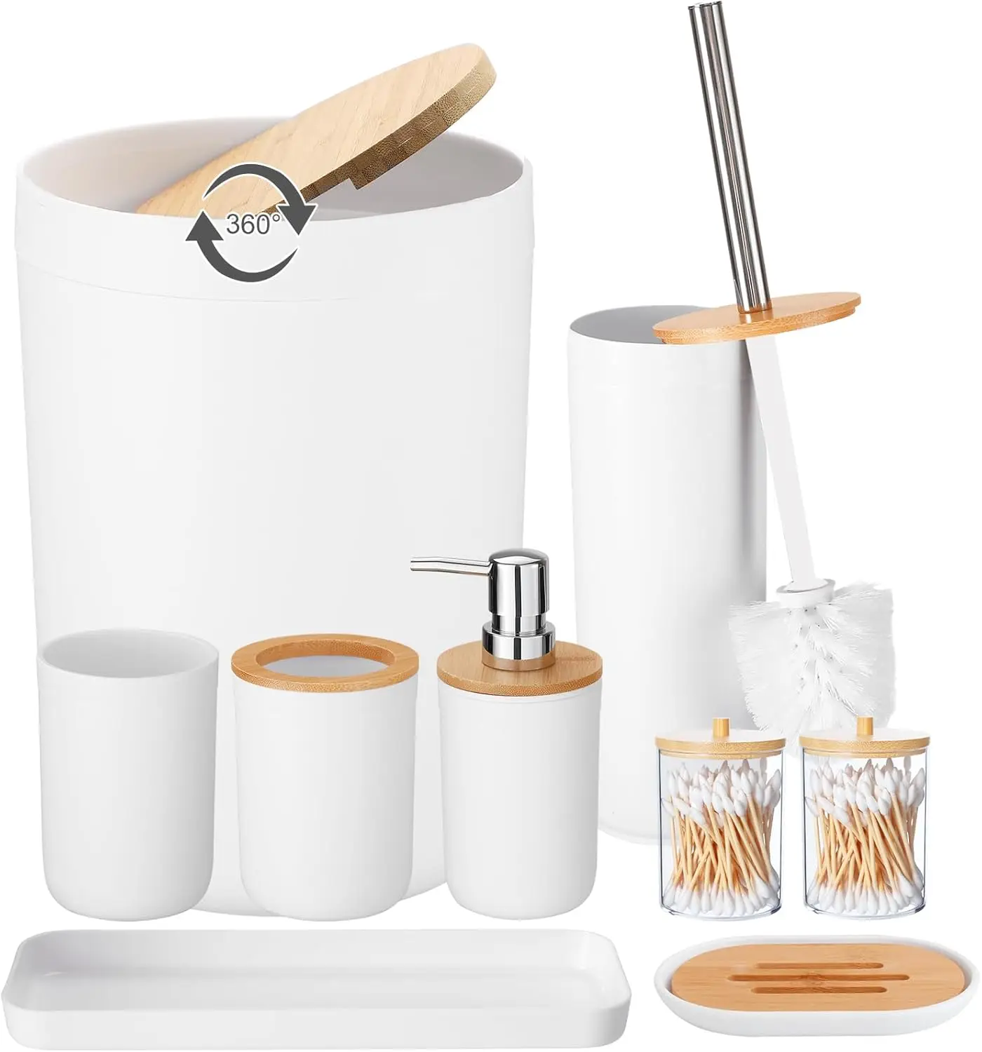 

8-Piece Bathroom Set with Trash Can, Toilet Brush, Holder, Dispenser, Dish, Cup - White Wood Cover