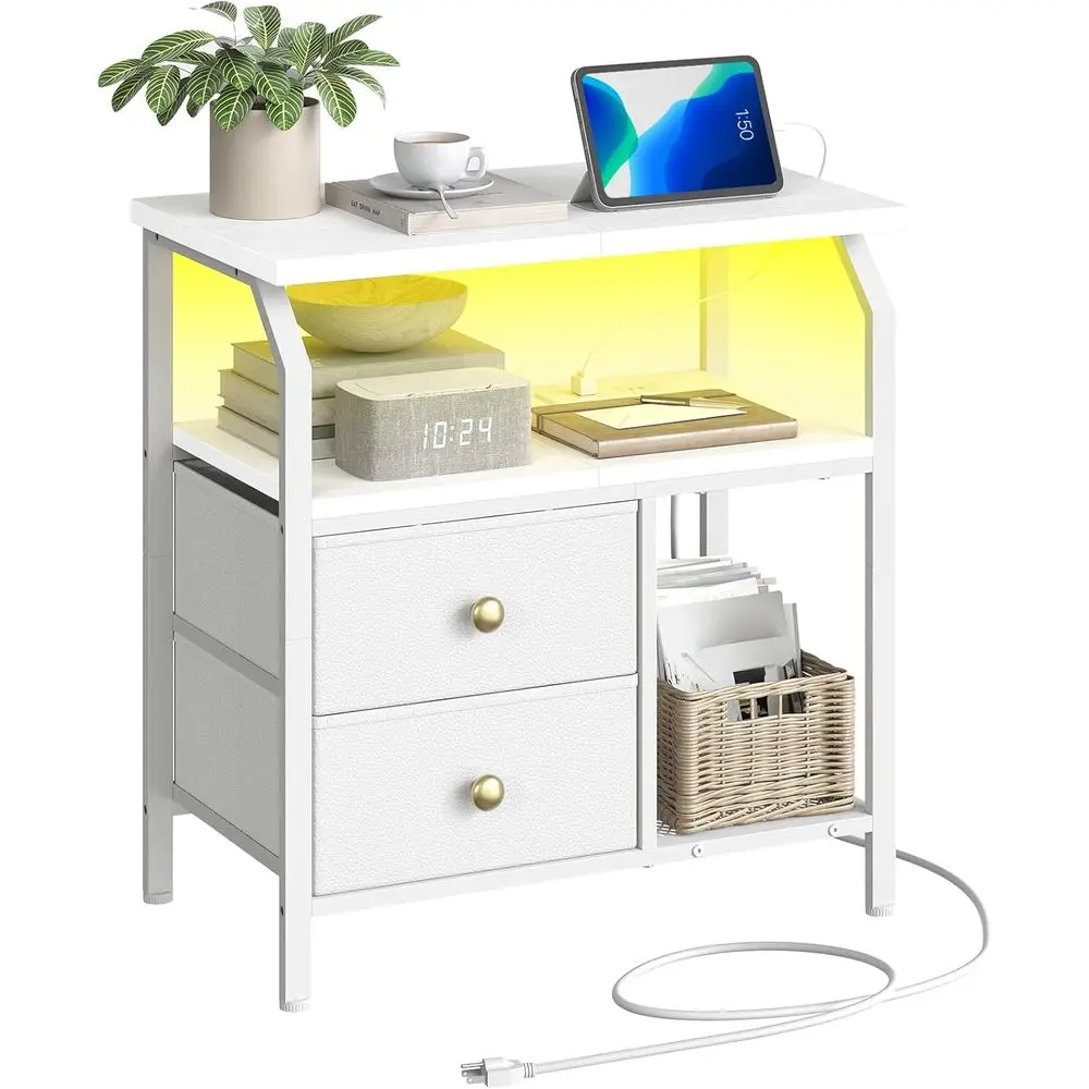 

23 Wide Nightstand with Charging, LED Light, Fabric Drawers, Open Storage Shelf, White