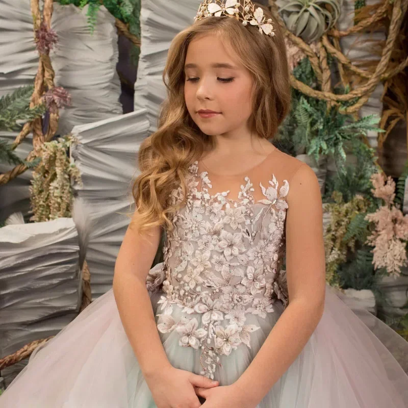 Blumenmädchenkleider, gestuft mit Blumenmuster und Tailing, ärmellos, für Hochzeit, Geburtstag, Bankett, Prinzessinnenkleider, individuell gestaltet