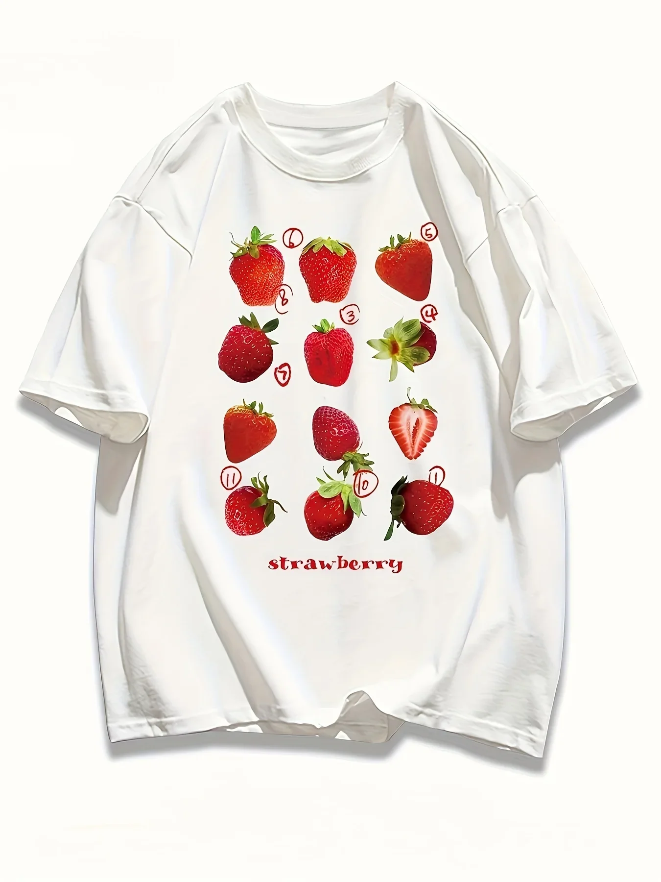 Camiseta con estampado de fresas frescas para mujer, camisetas holgadas cómodas de verano, ropa femenina de moda urbana