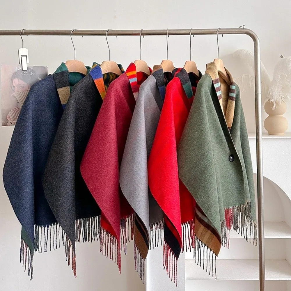 Multi-Functional Double‑Sided Plaid Poncho Shawl Faux Wool Thick Knit Blanket Shawl Button Closure Tassel Trim