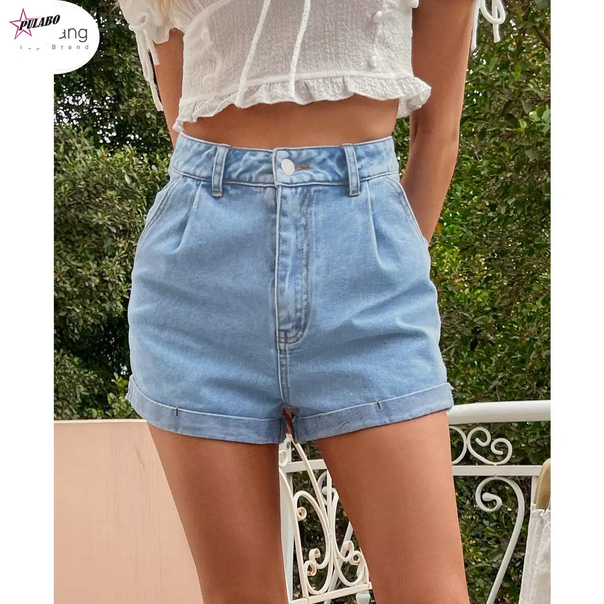 

PULABO PERITANG Solid High Waisted Straight Jean Shorts Women Summer Casual Streetwear Ladies Pocket Rolled Hem Denim Shorts