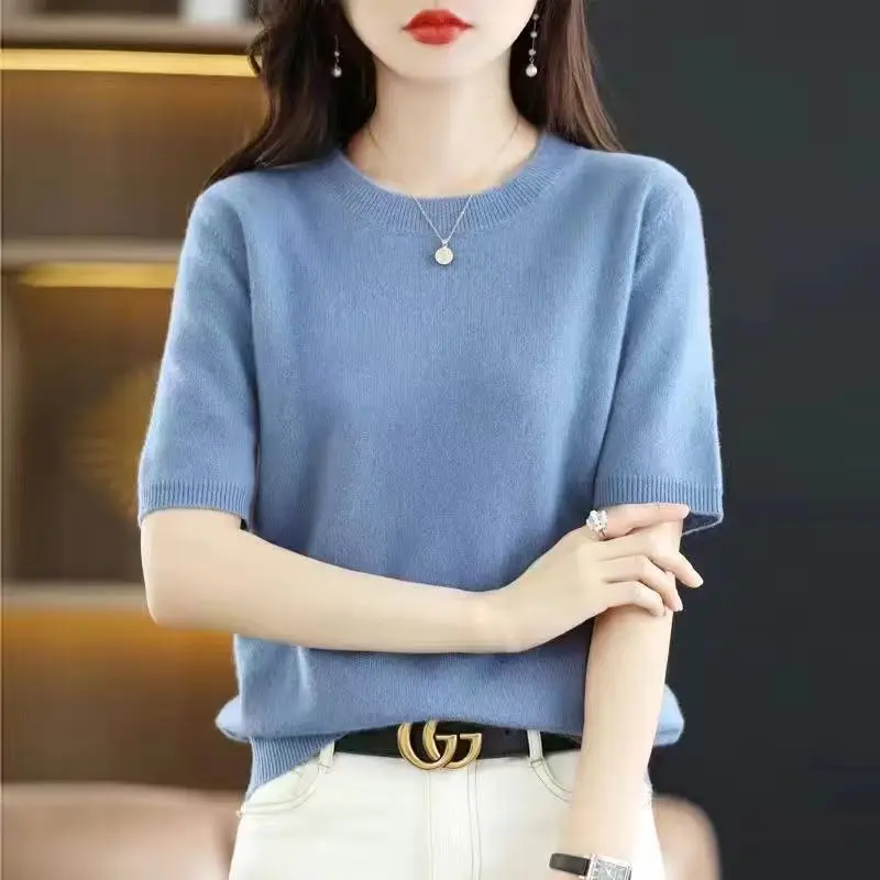 Women\'s Spring and Autumn New Fashion Elegant Solid Color Round Neck Casual Versatile Short Sleeve Loose Sweater Knitted Tops