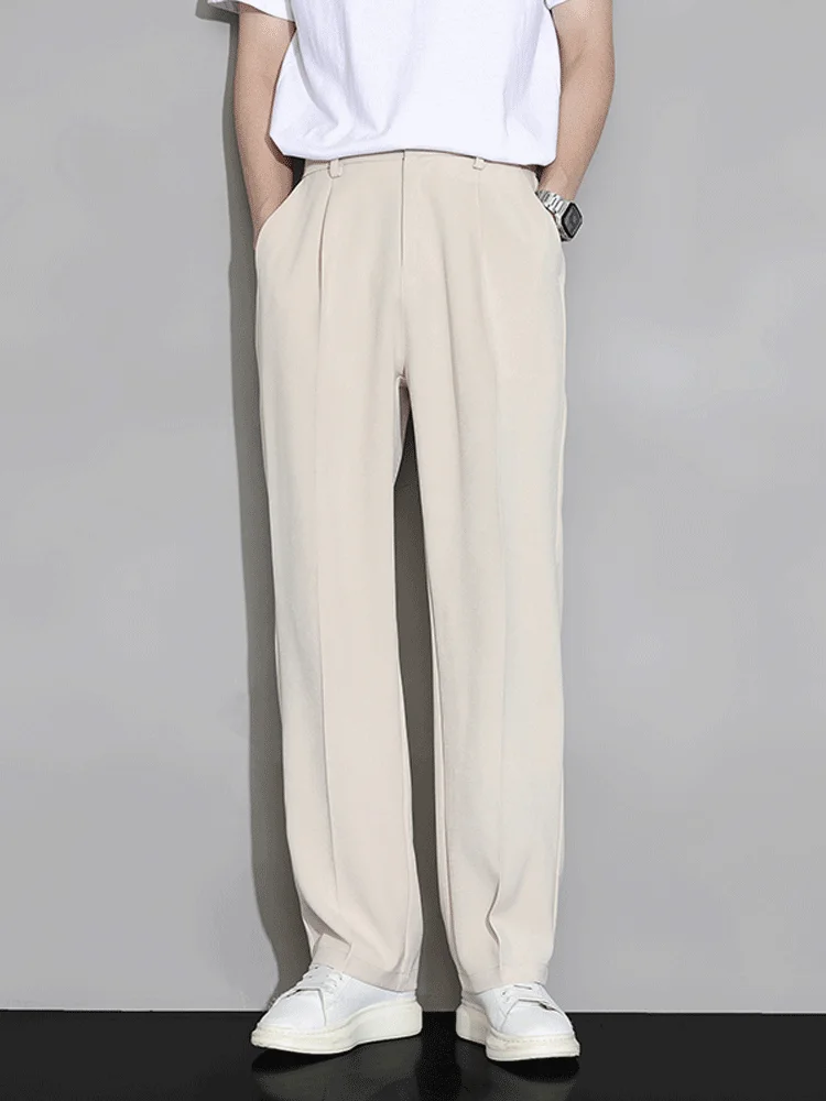 Khaki Summer Thin Ice Silk Drapey Wide Leg Pants Loose Straight Casual Suit Long Trousers for Men Youth Popular Straight Pants