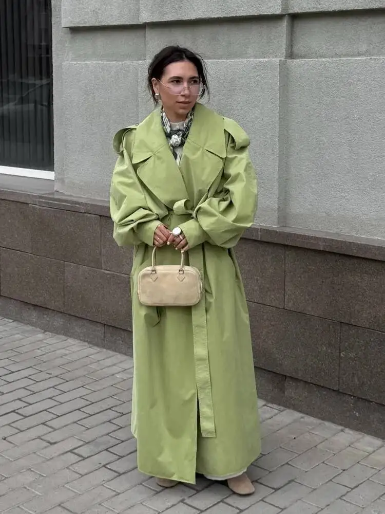 

Зеленый Тренч с поясом и лацканами, женский модный свободный крой с длинными рукавами и карманами, ветровка 2021, женская уличная верхняя одежда, осень