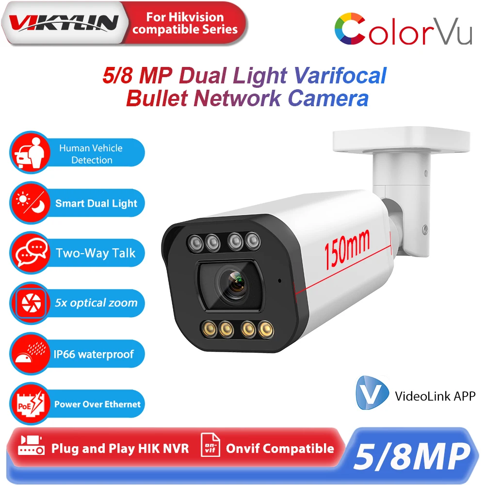 Vikylin 4K 8MP 5X Zoom Dual Light IP Camera for Hikvision Compatible Two-Way Audio Human Vehicle Detection POE Security Camera