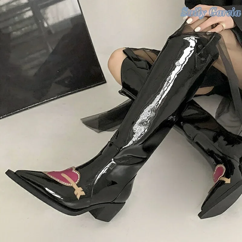 

Patent Leather Contrasting Colors Heart Shaped Pointed Toe Mid Calf Boots Modern Square Heel New Arrival Fashion Shoes 2025