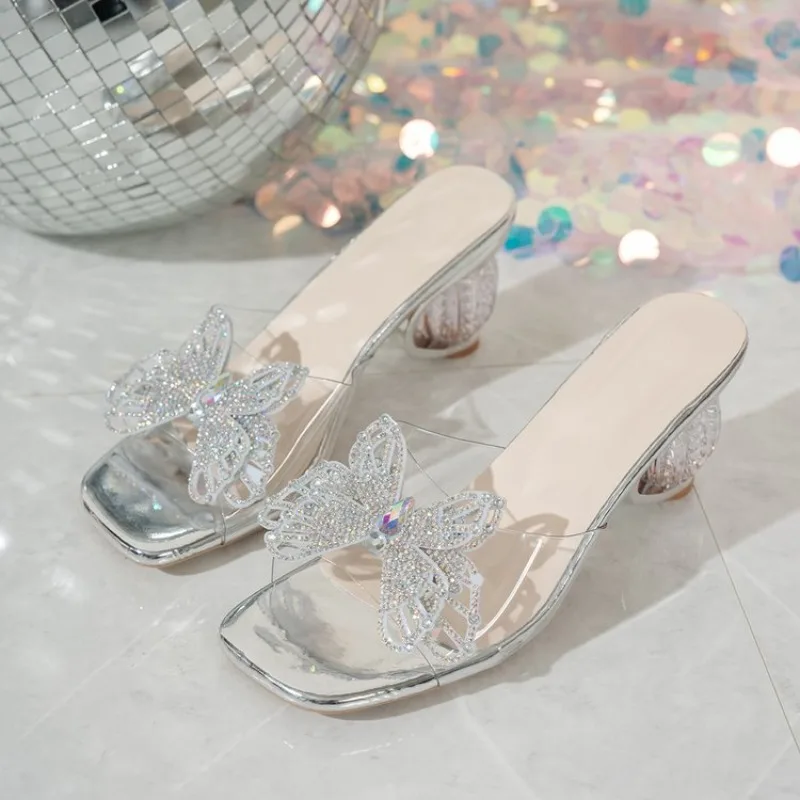 

Square Toe Special Heel High Heel Slippers 2026 New Rhinestone Bow Fish Mouth Open Toe Outside Wear Slip Sandals