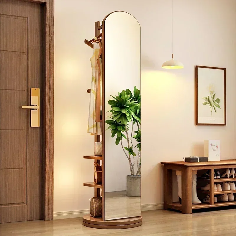 Solid wood hanger bedroom floor coat rack with mirror integrated