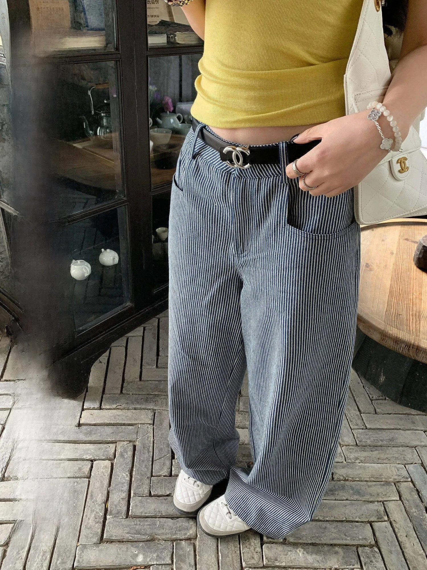 

Hhyii Universal Formula Retro Striped Wide Leg Jeans Women's Loose Meat Concealing Straight Tube Pants High Waist Button Fly