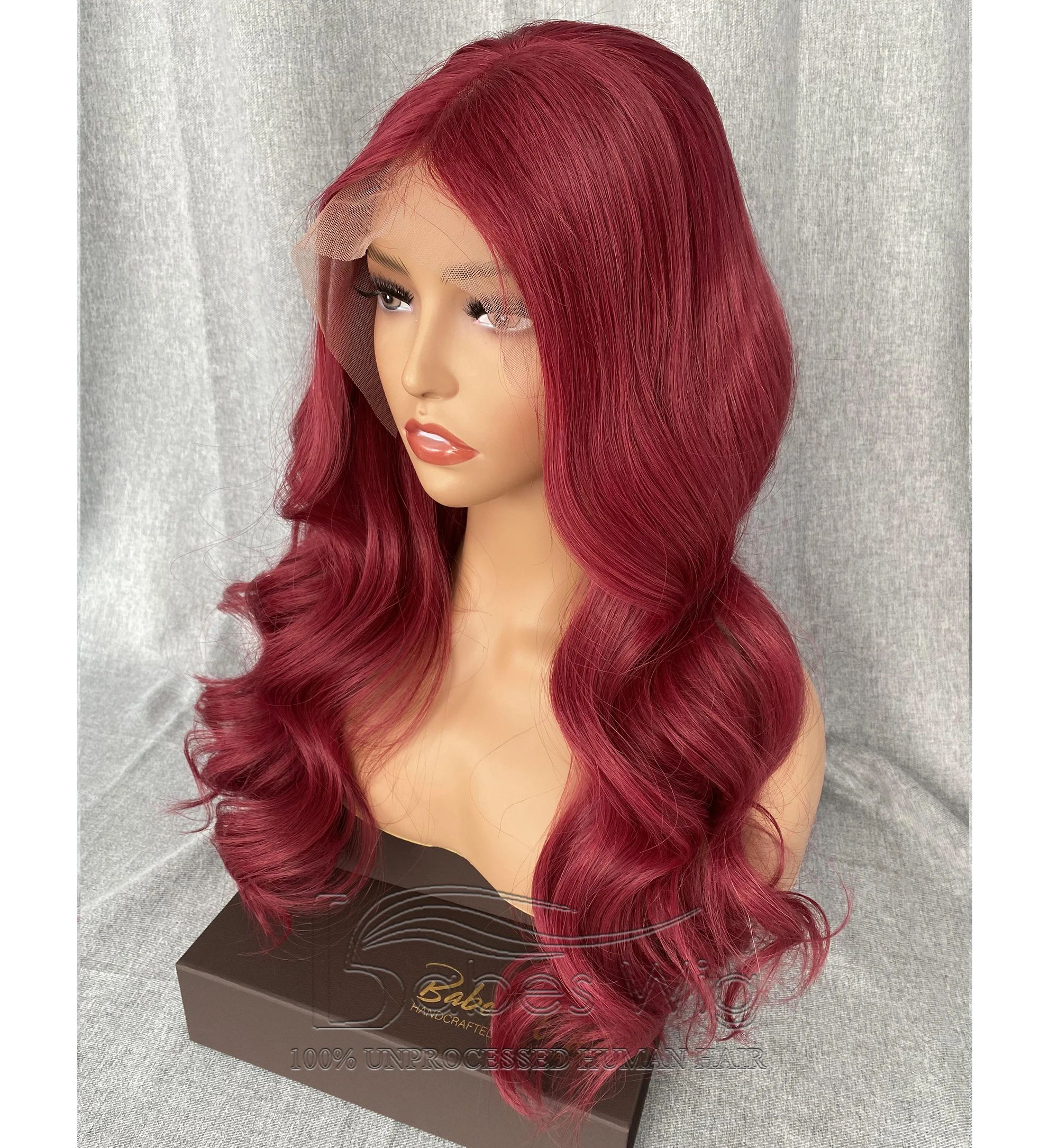 Glueless Burgundy Real Human Hair Lace Front Wigs Body Wavy Lace Top Wigs for Women with Pre-plucked hairline