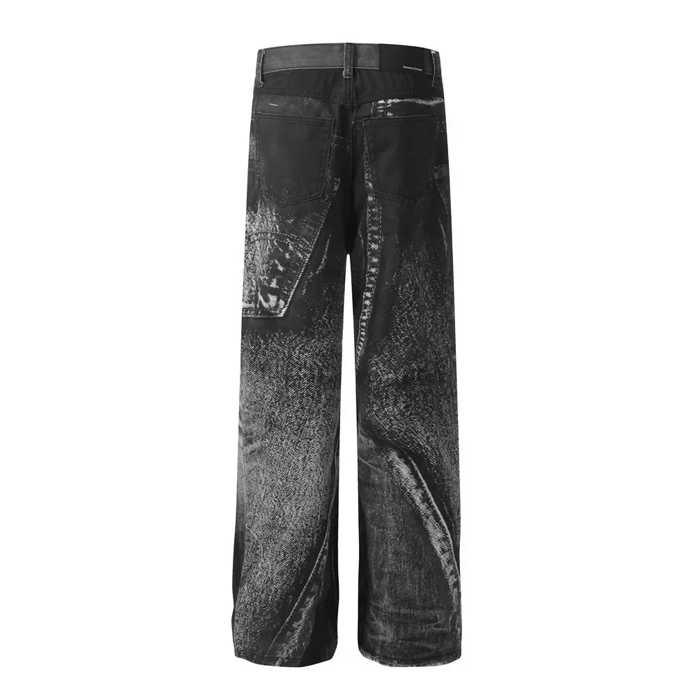 European and American Punk Wasteland Spray-painted Jeans, Men's Casual Loose Spliced Niche Straight-leg Long Pants.