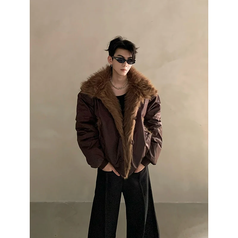 Men's 2025 Winter New Fashion Down Coats Large Faux Fur Collar Chic Down Jackets Men's Trend Warm Thick Solid Color Cotton Coats