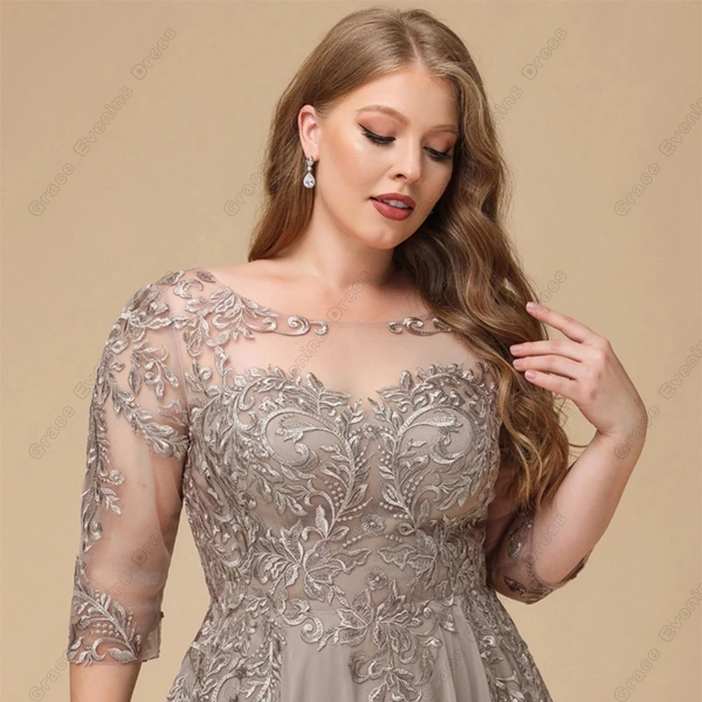 Brown Plus Size Mother of Bride Dresses with Lace Three Quarter Chiffon Wedding Party Dresses  for Women Scoop Robe De Soirée