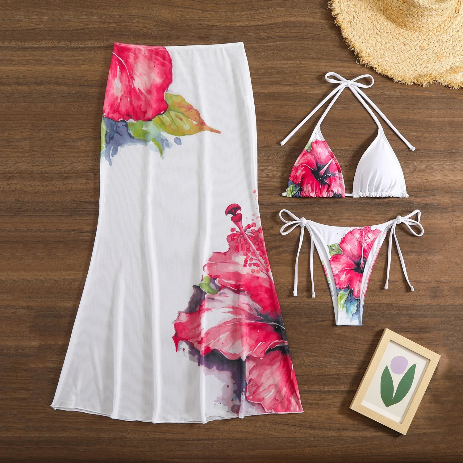 Traje de baño Sexy personalizado estampado para mujer con falda de Vestido de playa de encaje conjuntos de Bikini de 3 piezas traje de baño ropa de playa trajes de baño