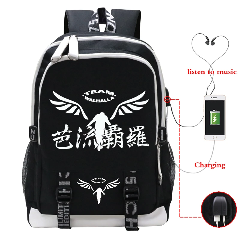 

Students Tokyo Revengers Backpacks Unisex Valhalla Print Bookbag College Laptop USB Bagpacks Boys Girls School Bags Mochila Gift