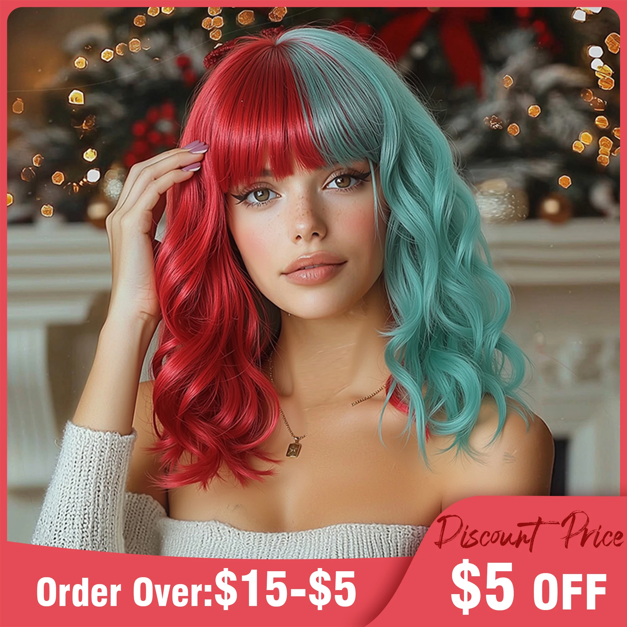 Red And Green Short Wavy Wigs With Bangs Curly Bob Synthetic Wigs for Women Two Tone Omber Cosplay Christmas Wig Heat Resistant