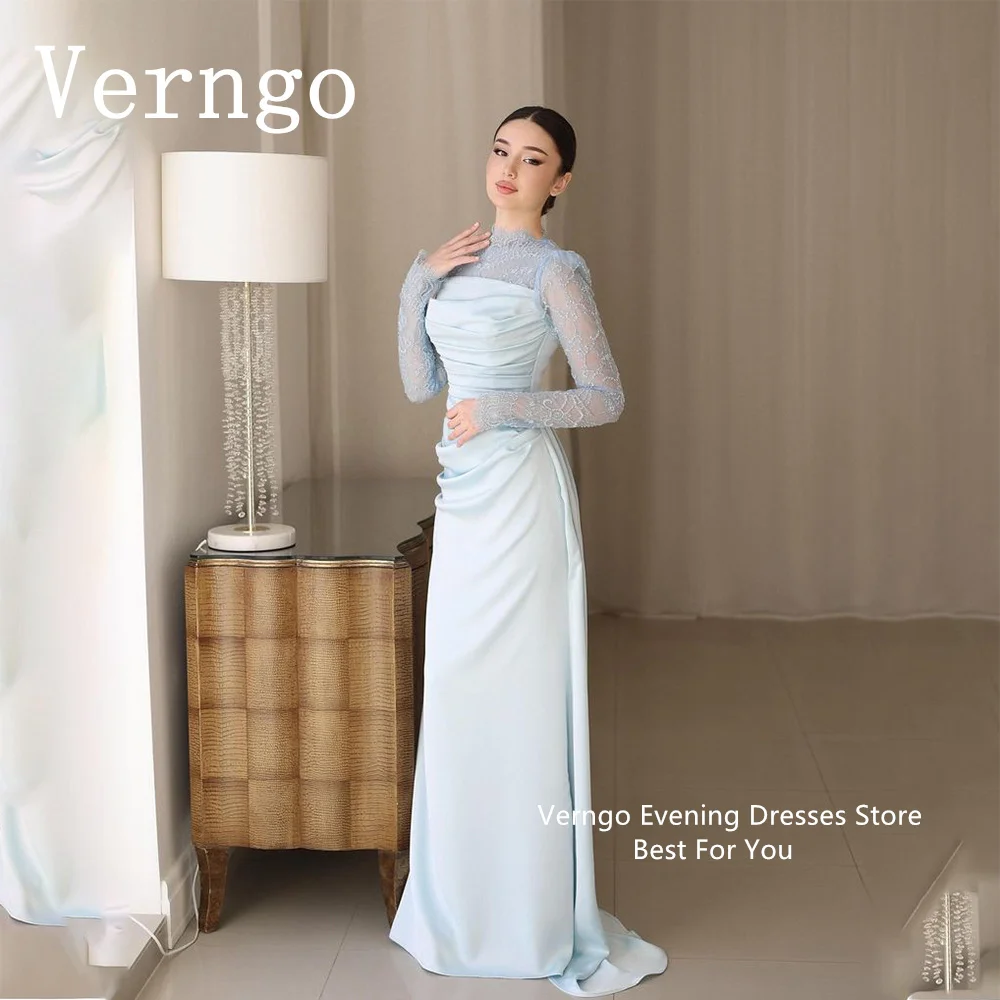 Verngo Light Blue Crepe Prom Gown High Neck Full Sleeves Party Dress For Women Lace Formal Occasion Dress