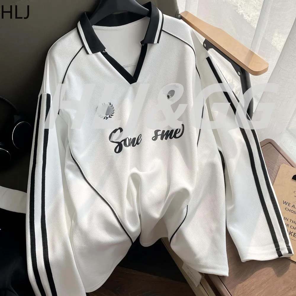 HLJ White Vintage Casual Letter Printing V Neck Loose Pullover Women Autumn New Sporty Top Female Y2K Sportswear Clothing 2025