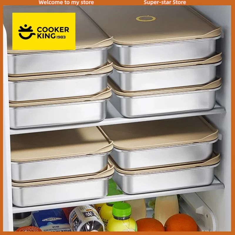 

COOKER KING Stainless Steel Food Storage Container Dumplings Tray Rectangle Dish with Cover Thick Refrigerator Organizer Plate