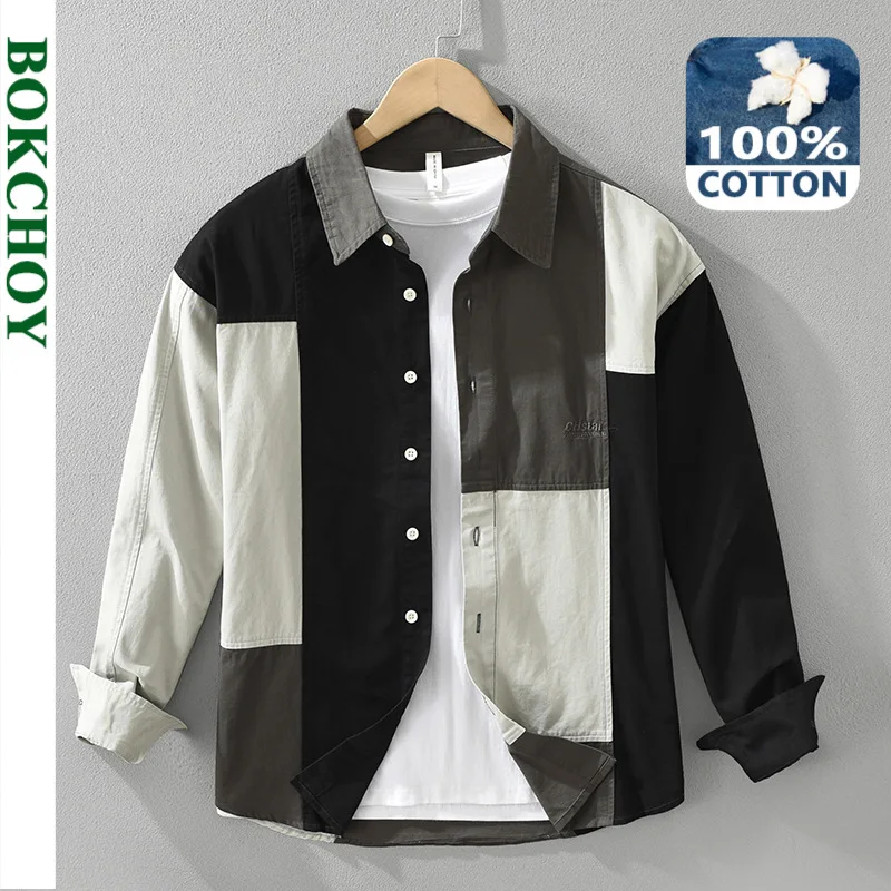 2024 Autumn New Casual Patchwork 100% Cotton Shirts for Men Clothing Embroidery Soft Long Sleeve Men Shirts CM7315