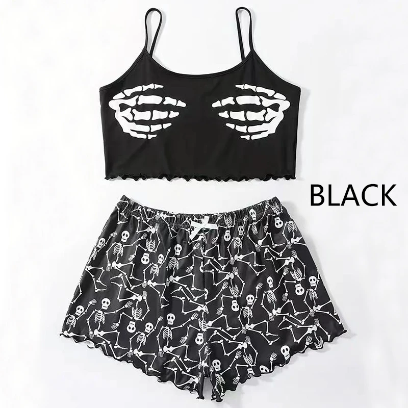 2 PCS Women Pajamas Sleepwear Pajama Set Short-Sleeved Shorts Suit S M L Black Skull Print Ventilate Soft Comfort Funny Fashion