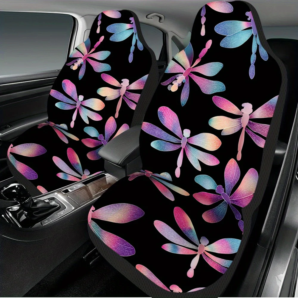 Set Of 2, Vibrant Dragonfly Patterns On Black Universal Car Seat Covers – Stylish, Long-Lasting Design, Premium Quality Protecto