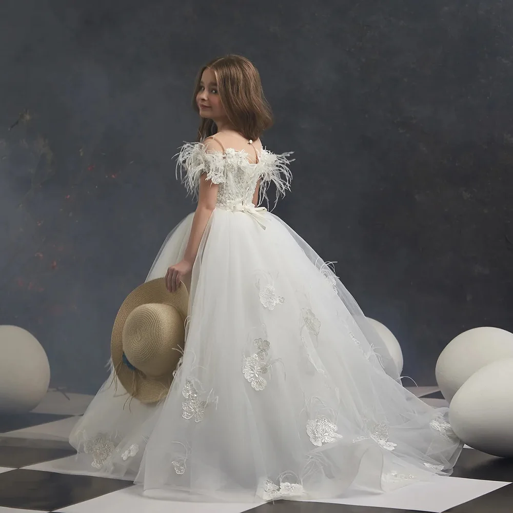 Robes à plumes et fleurs pour filles, en Tulle, ligne a, avec nœud, avec des Appliques en dentelle pailletée et des perles, longueur au sol, robe de concours, première Communion