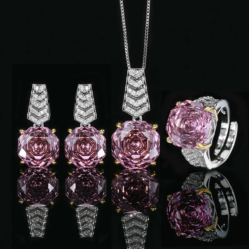 

14mm Pink Square Cut Sparkling CZ Jewelry Adjustable Ring Earrings Necklace Two Tone Vintage Halo Statement Design Women Jewelry