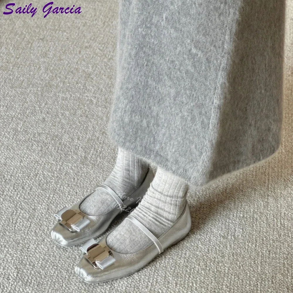 

Серебряные туфли-лодочки с узлом-бабочкой и квадратным носком на плоской подошве с Мэри Джейн во французском стиле, новинка лета 2025, женские модные модельные туфли