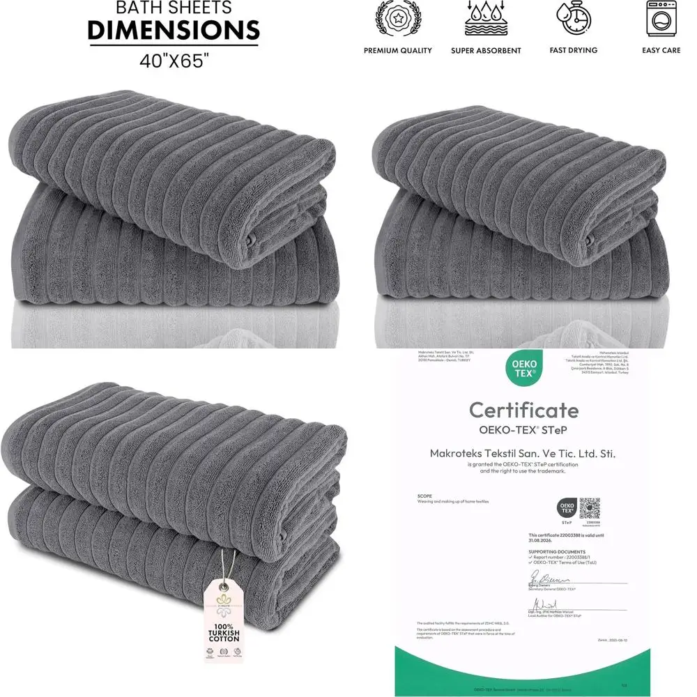 

Luxury 2-Piece Jumbo Bath Sheets, 100% Turkish Cotton, Plush & Absorbent Towels for Hotel & Spa Use, 40x65 (Grey)